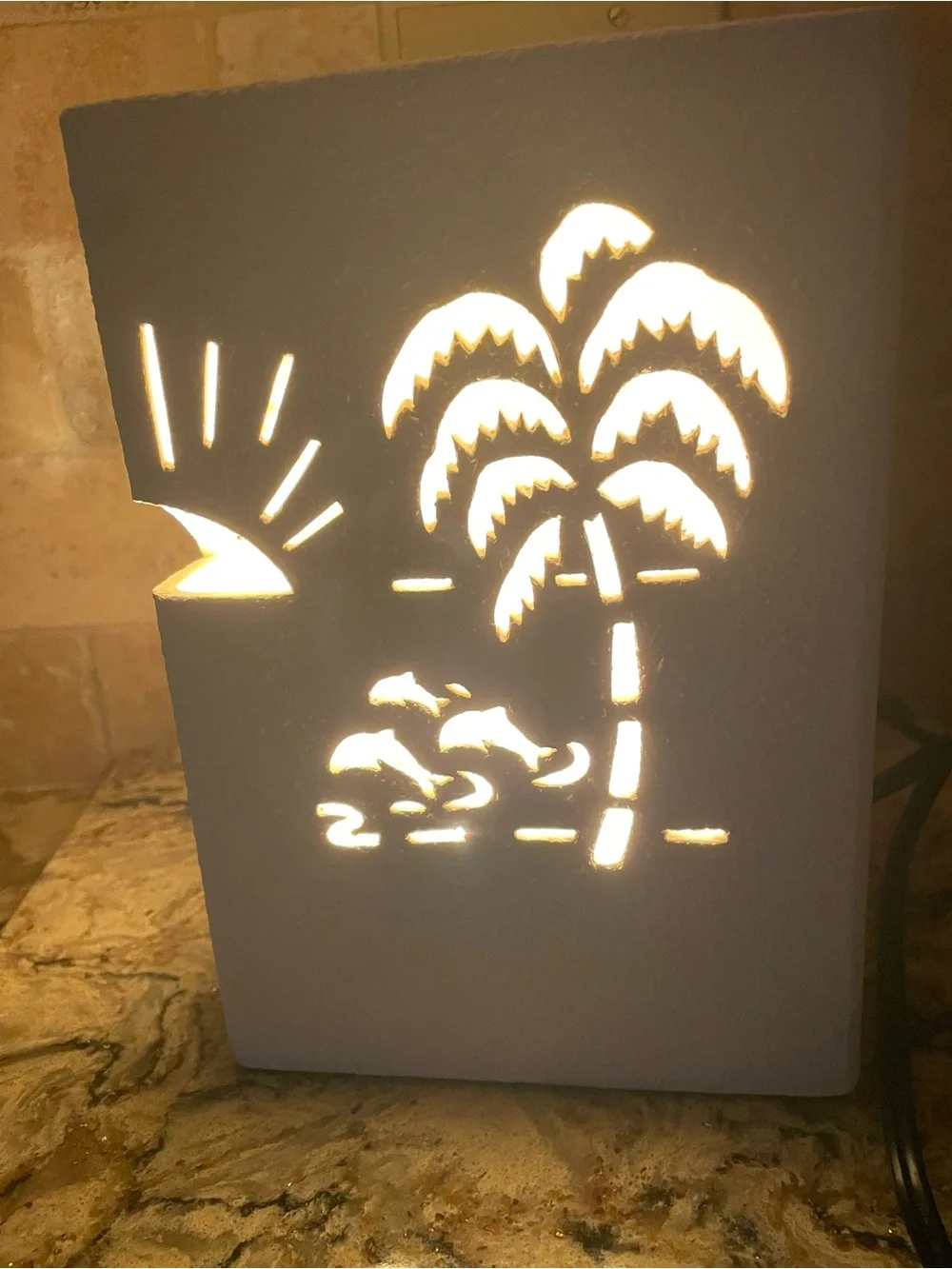 Cream Ceramic Tropical Palm Tree and Dolphin Cutout Wall Decor/Light